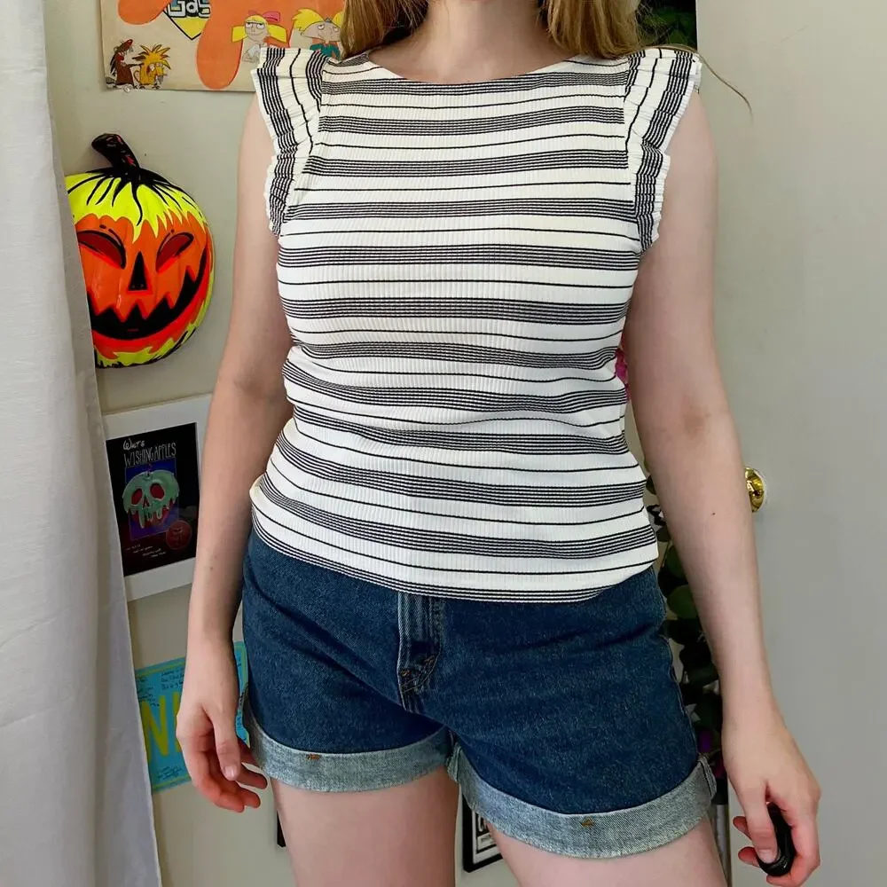 J.Crew Striped Ruffle Sleeve Tank Top Size Medium